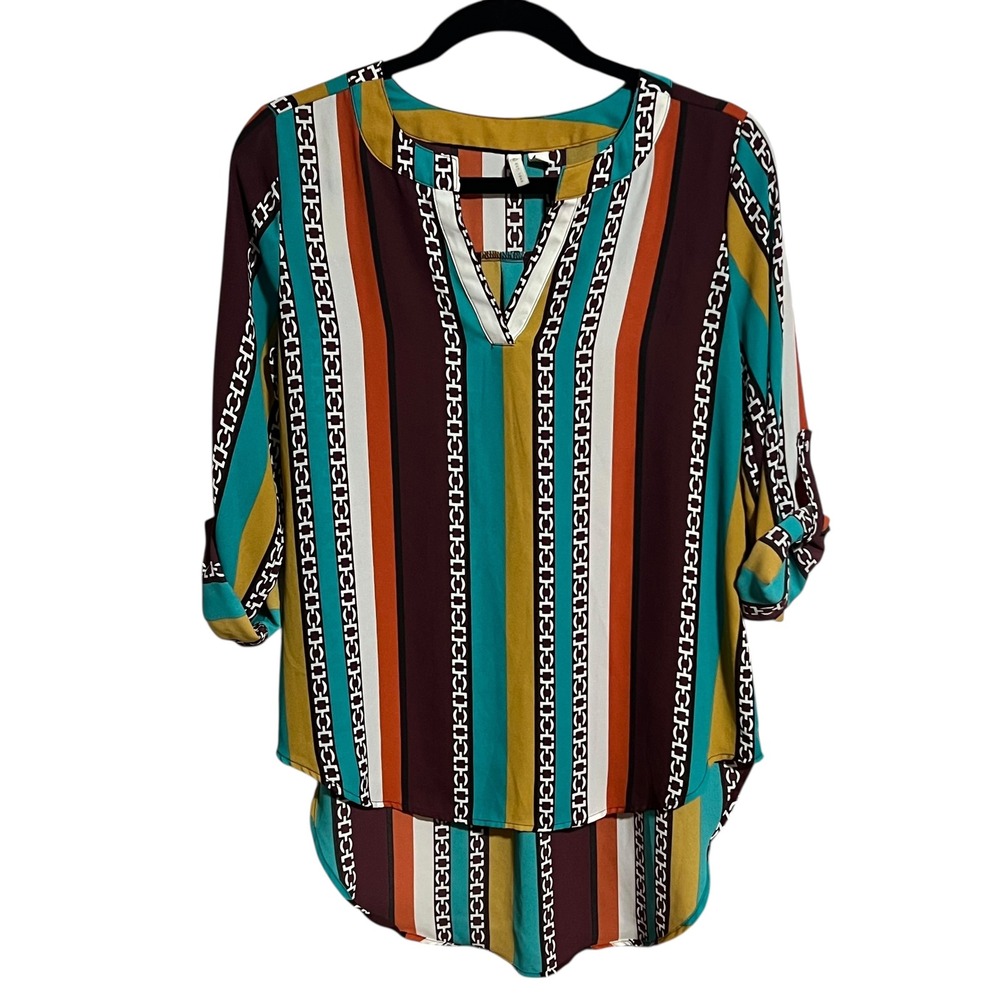 Cato Women's Striped V Neck Roll Tab Sleeve High Low‎ Tunic Top XS